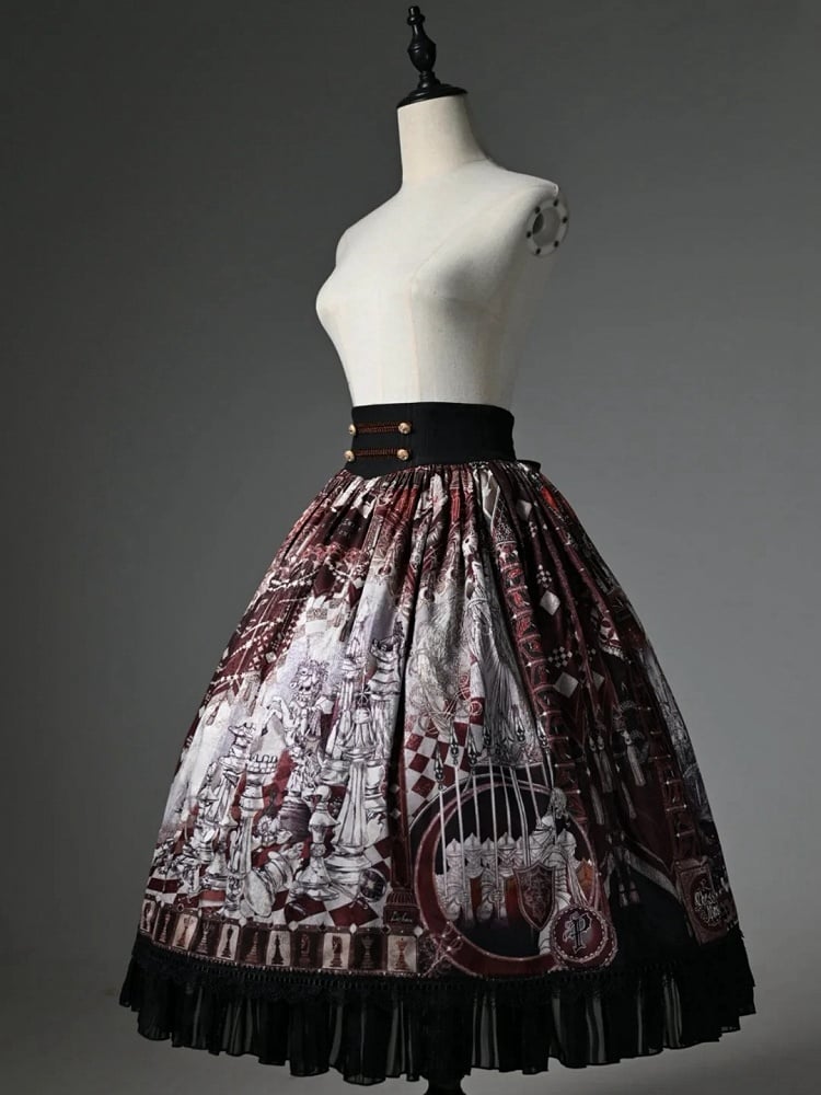 Red Corset Belt Waist Chess Theme Print Lolita Skirt