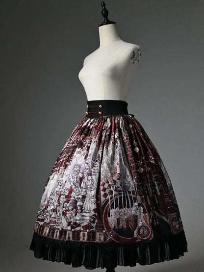 Red Corset Belt Waist Chess Theme Print Lolita Skirt
