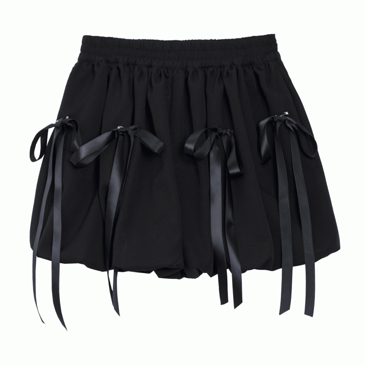 Black Elastic Waist Bubble Skirt with Bowknot Brooches