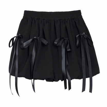 Black Elastic Waist Bubble Skirt with Bowknot Brooches