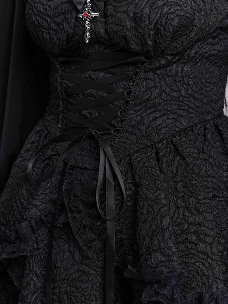 Black Sweetheart Neckline Lace-up Front Tiered Skirt Gothic Sleeveless Dress