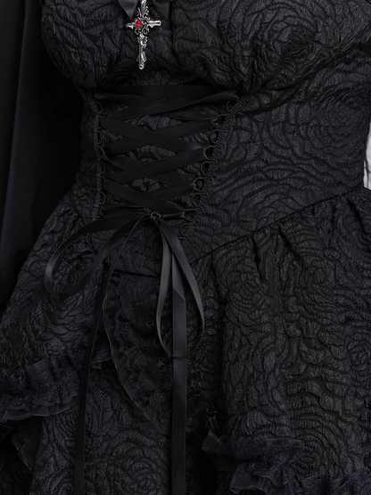 Black Sweetheart Neckline Lace-up Front Tiered Skirt Gothic Sleeveless Dress