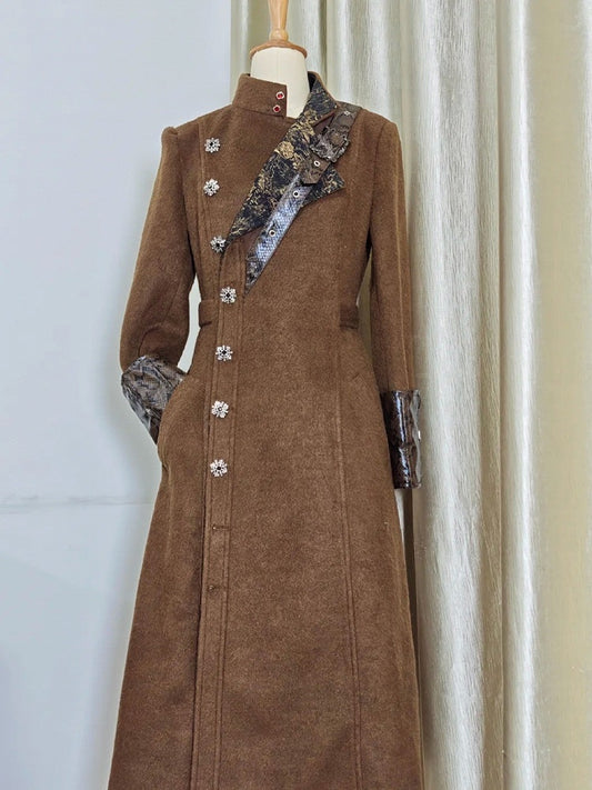 Ouji Fashion Coffee Convertible Collar Lolita Woolen Coat with Leather Accents