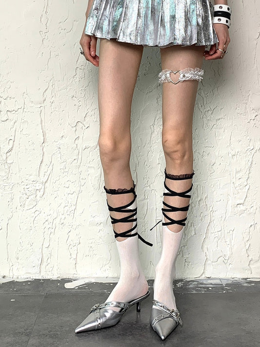 Black/White Y2K Crisscross Self-tie Straps Underknee Stockings