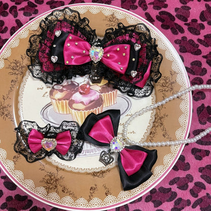 Black&Pink Rhinestone Heart Decorated Lace Trim Bowknot Haiclip + Bowknot Pendant Beaded Necklace + Bowknot Ring