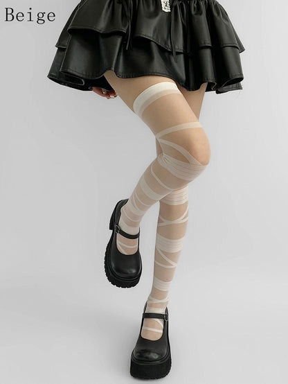 Gray/White/Black/Beige Y2K Crisscorss Banded Over-knee Stockings