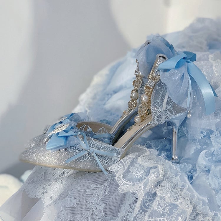 Blue Glittering Bow Accent Pointed Toe 5CM/8CM Hime Lolita Heels
