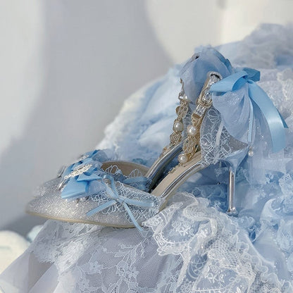 Blue Glittering Bow Accent Pointed Toe 5CM/8CM Hime Lolita Heels