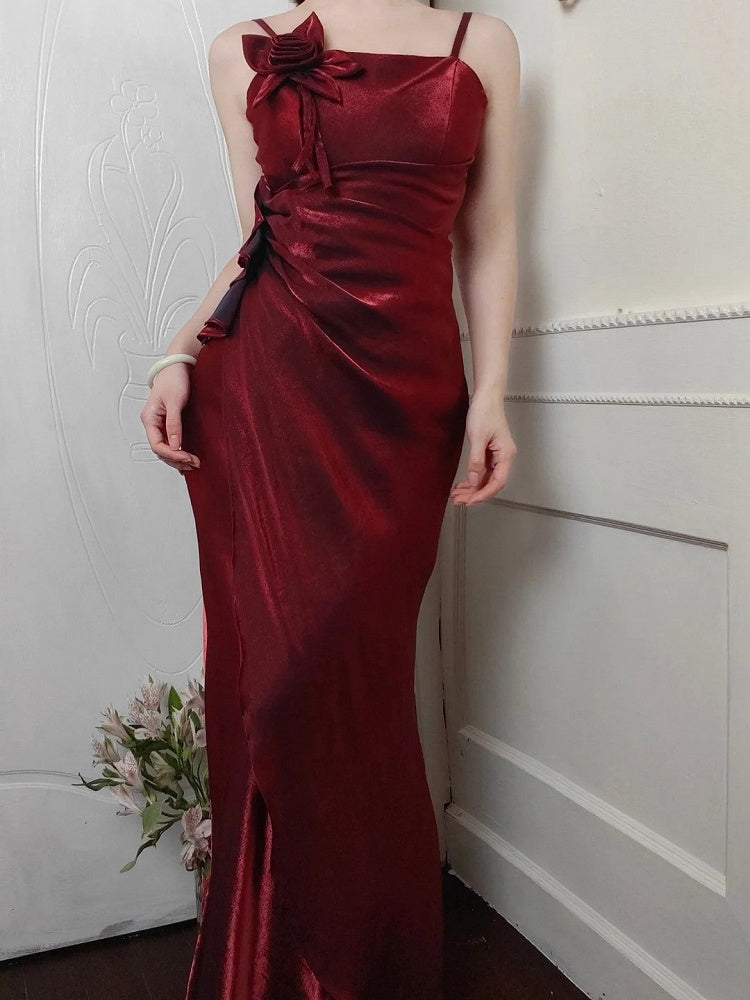 Dark Red Vintage Floral Embellished Sheath Gown Evening Dress