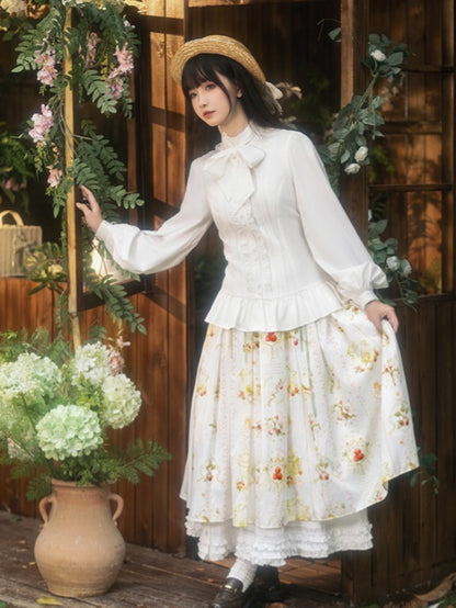 White Long Sleeves Lolita Blouse with Lace-Up Back and Ruffled Details