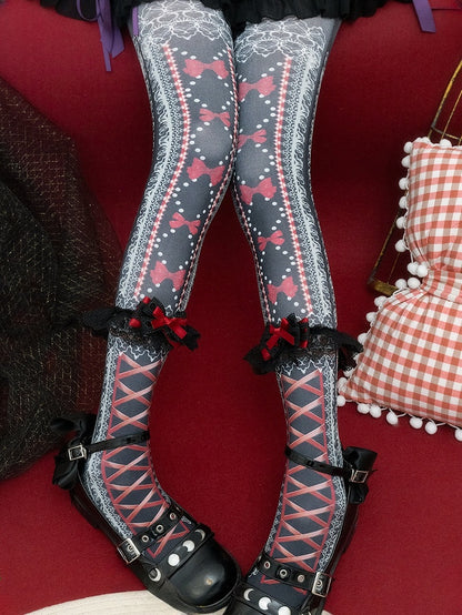 Purple/Pink/Black Lolita Bowknot Heart Print Tights＋Lace Bowknot Cuffs Set