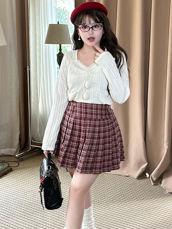 Plus Size White Pompom Accents V-neck Long Sleeves Lace Top