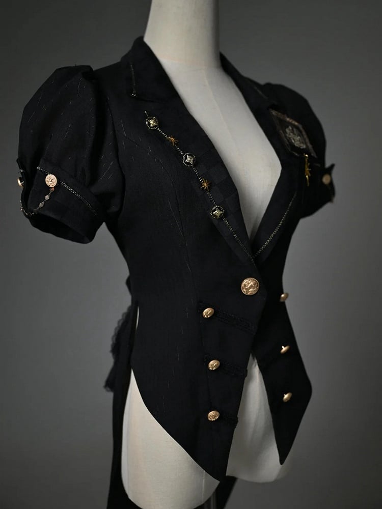 Black Blazer Collar Short Puff Sleeves Split-Tail Top