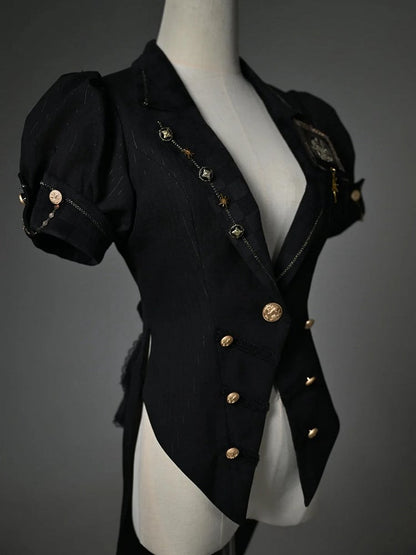 Black Blazer Collar Short Puff Sleeves Split-Tail Top