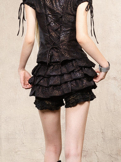 Gyaru Fashion Black Punk Leopard Print Low-Rise Skort with Ruffle Layers & Elastic Waist