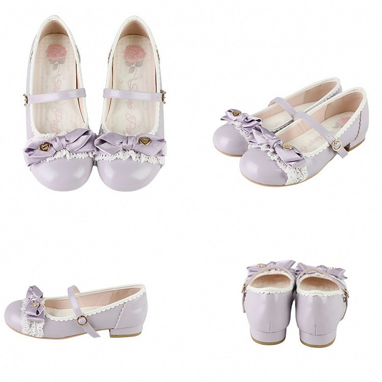 Low-Heel Purple Sophisticated Lolita Shoes - Ornate Heart Bow with Delicate Lace & Scalloped Hemline