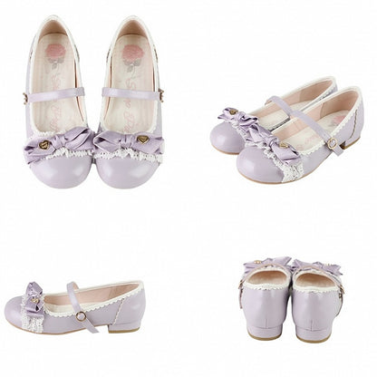 Low-Heel Purple Sophisticated Lolita Shoes - Ornate Heart Bow with Delicate Lace & Scalloped Hemline