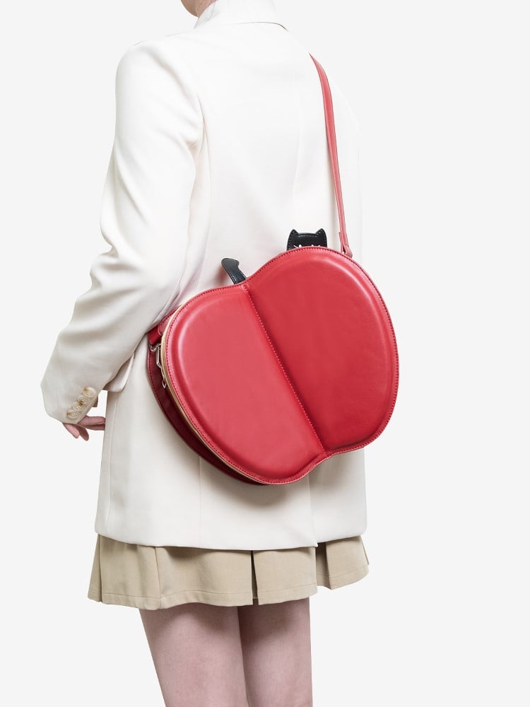 Playful 2-Way Red Apple Flip Backpack With Moon & Star Core And Cat Embroidery