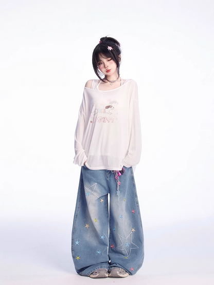 White Asymmetrical Neckline Slinky Dog Print Coverup with Tank Top Set