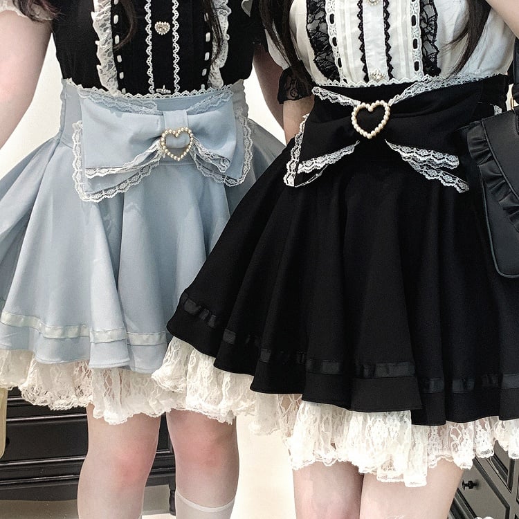 Jirai Kei Lace Trim Beaded Heart Decorated Big Bow Lace-up Back Black/Light Blue Skirt