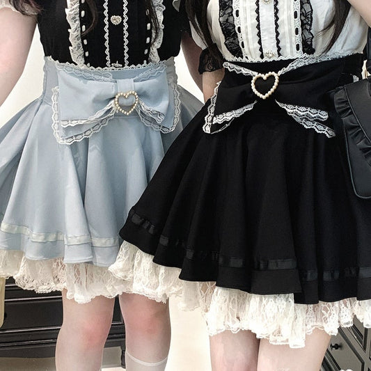 Jirai Kei Lace Trim Beaded Heart Decorated Big Bow Lace-up Back Black/Light Blue Skirt