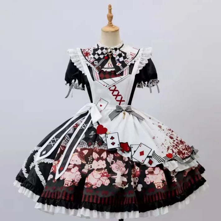 Alice in Wonderland Vibes Black and Red Bunny and Teapot Print Apron Dress Sweet Lolita OP / Full Set