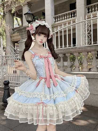 Blue Balletcore Lolita Dress Bowknots Decorated Sweet Jumper Skirt