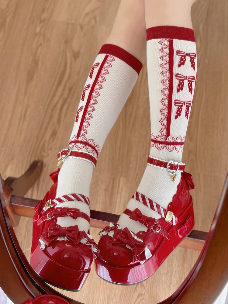 Red Lace and Bowknot Pattern Lolita White Calf Socks