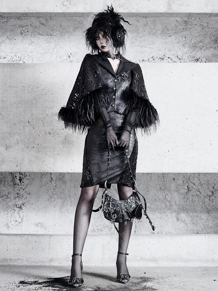 Black Sharp Angle Notched Collar Office Lady Fluffy Hemline Cape Design PU Leather Blazer