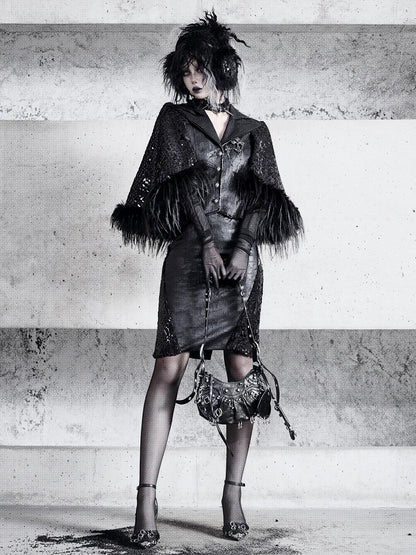 Black Sharp Angle Notched Collar Office Lady Fluffy Hemline Cape Design PU Leather Blazer