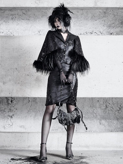 Black Sharp Angle Notched Collar Office Lady Fluffy Hemline Cape Design PU Leather Blazer