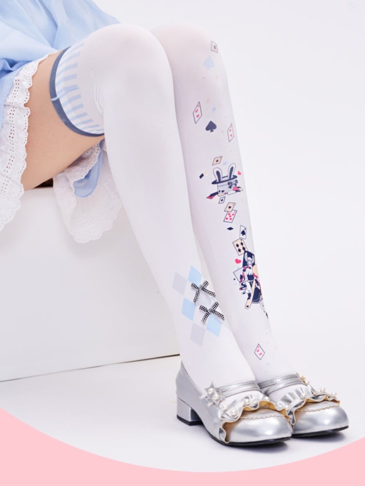 Alice in Wonderland Vibes Poker Print White Over Knee Stockings