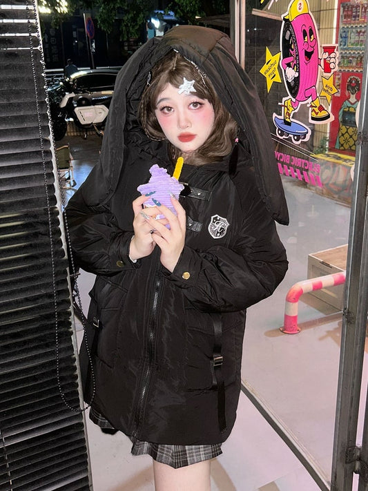 Plus Size - Black Bunny Ears Hooded Puffer Jacket