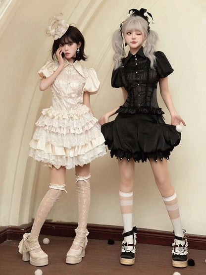Circus Clown Vibes Ouji Lolita Outfit - Apricot Pointed Collar Shirt + Bloomer Shorts + Garters