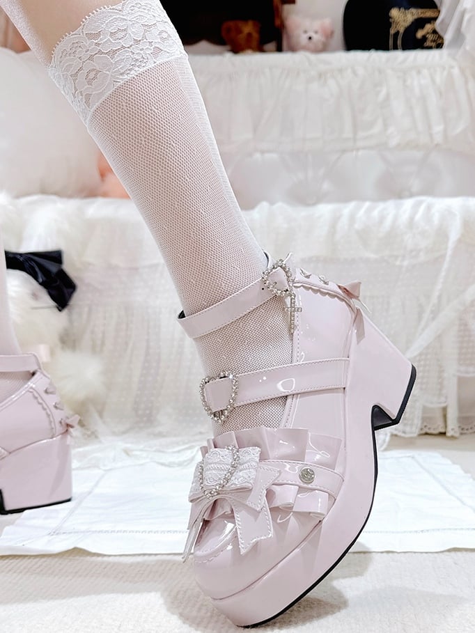 Jirai Kei Polished Pink Rhinestone Heart Decorated Lace-up Details Platform High Block Heels