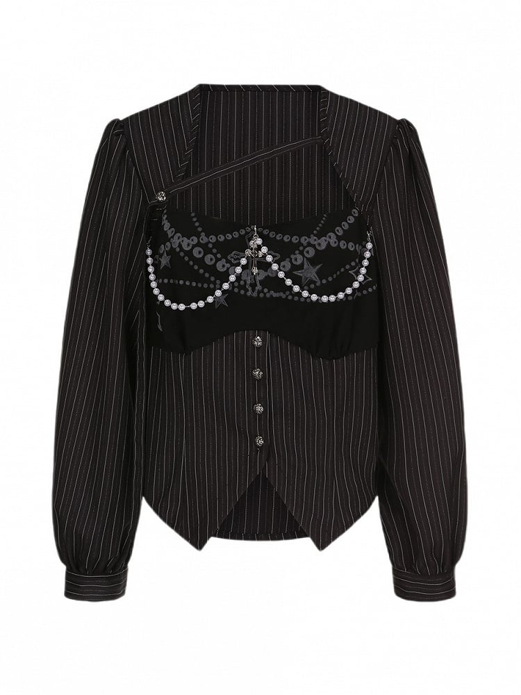 Plus Size Black Y2K Gothic Striped Top with Cross Charms & Bead Chains