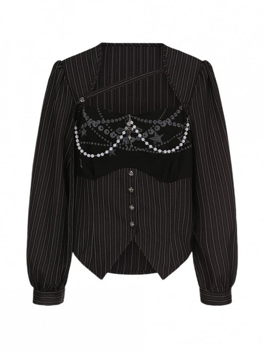 Plus Size Black Y2K Gothic Striped Top with Cross Charms & Bead Chains