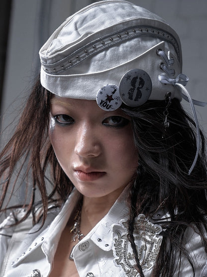 Black/White Navycore Lace-up Detail Cross Charm Punk Studded Sailor Hat