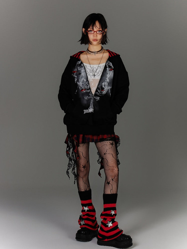 Y2K Black Distressed Holes Pin Accents Graphic Hoodie Faux Two-pieces