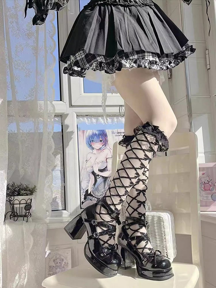 Bowknot at Top Black High Block Heel Platform Mary Janes