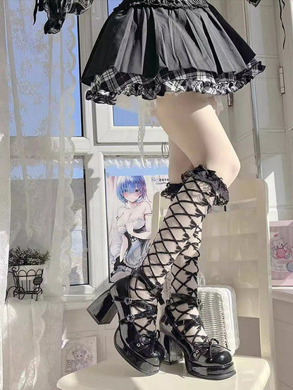 Bowknot at Top Black High Block Heel Platform Mary Janes