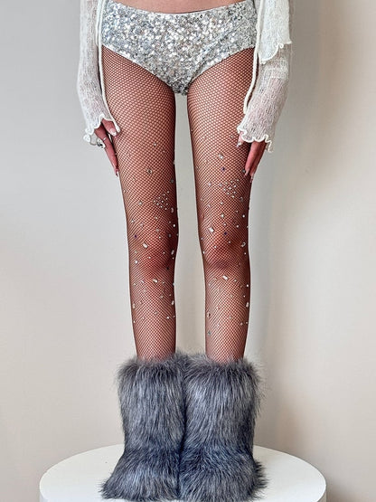 Black/White/Brown/Red Y2K Rhinestone Decorated Fishnet Design Tights