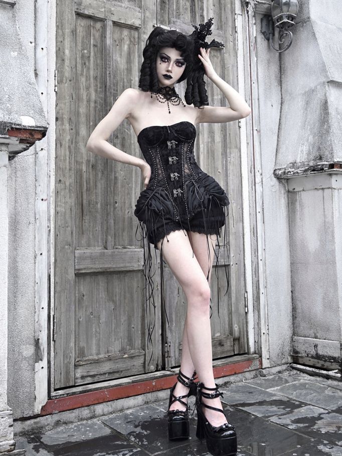 Gothic Black Birdcage Skirt and Bustier Corset Set
