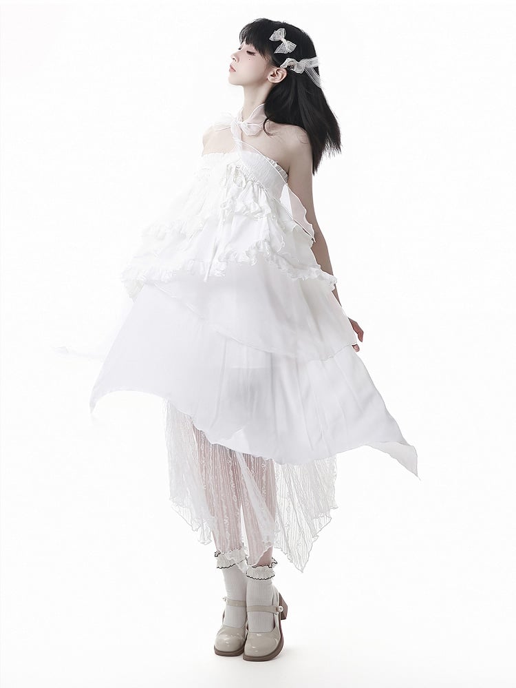 White Elastic Waist Handkerchief Hem Lace Under Skirt