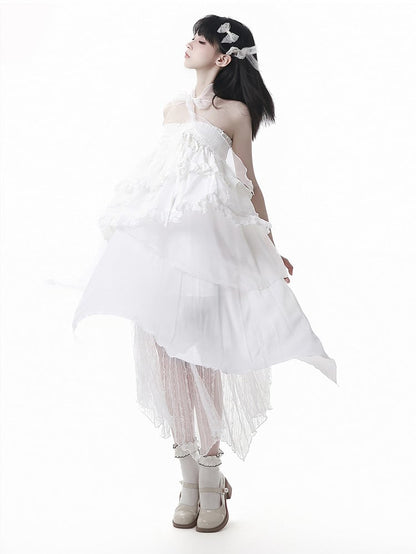 White Elastic Waist Handkerchief Hem Lace Under Skirt