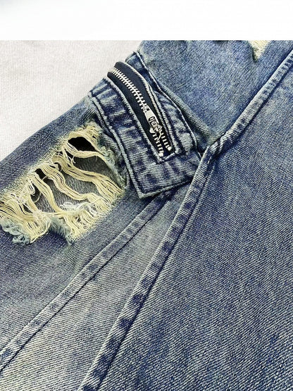 Blue Distressed Holes Details Slit Denim Skirt