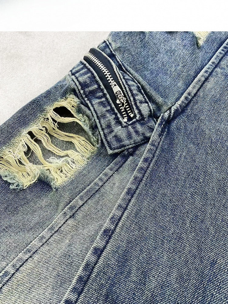 Blue Distressed Holes Details Slit Denim Skirt