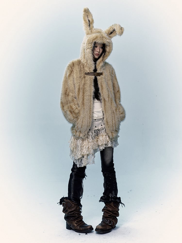 Yellow Shaggy Coat with Adorable Bunny Ear Design