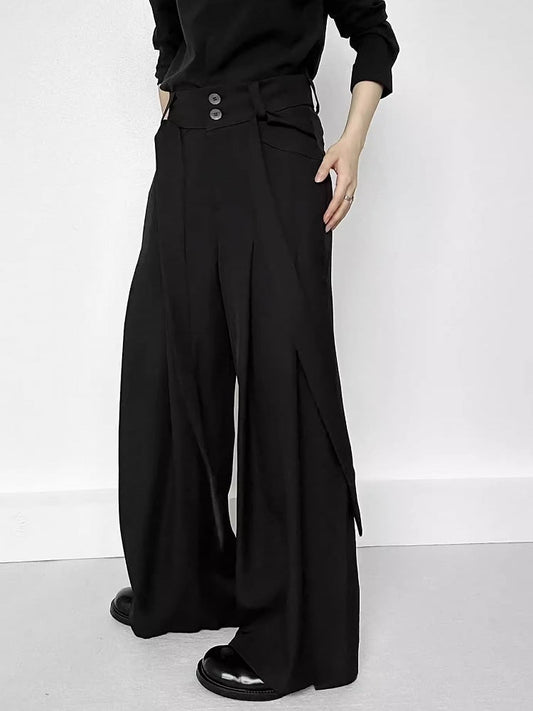 Ouji Lolita Black Wide-Leg Pants with Side Ribbons & Two-Button Fly