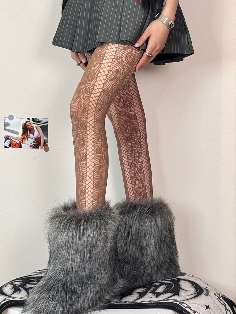 Black/White/Brown/Purple Y2K Cut-out Design Rosette Pattern Tights